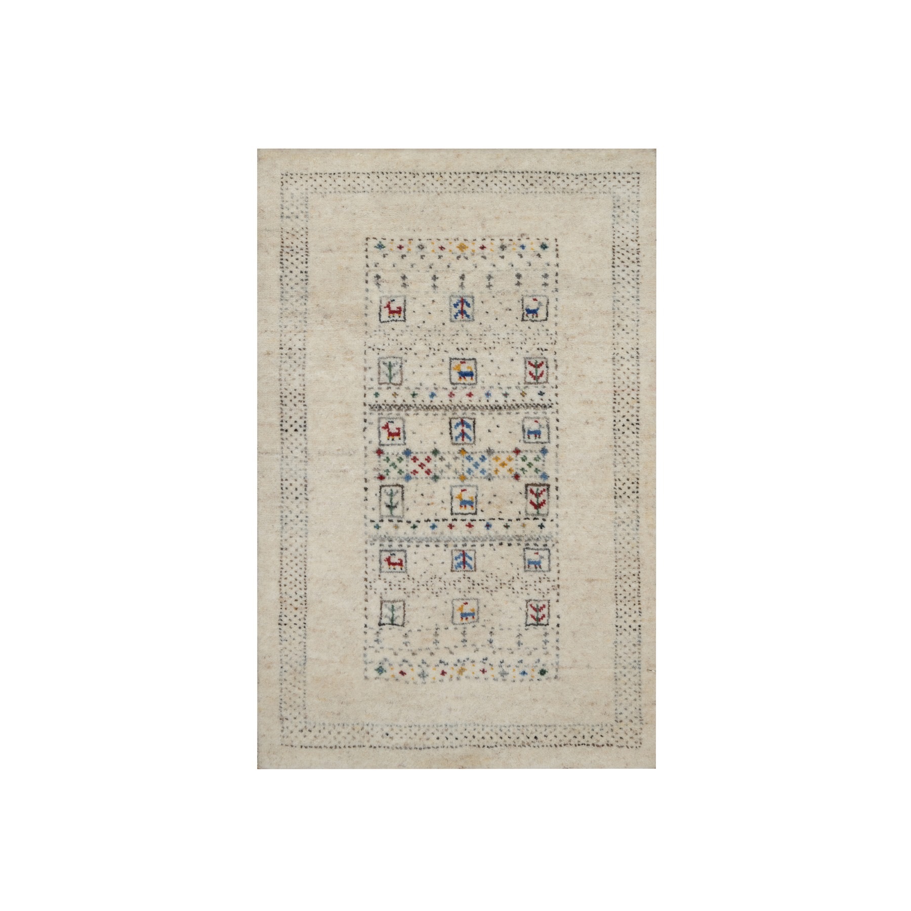 Linen White, Modern, Hand Knotted, Lori Buft Gabbeh with Small Animal Figurines, Thick and Plush, Pure Wool, Mat, Oriental Rug